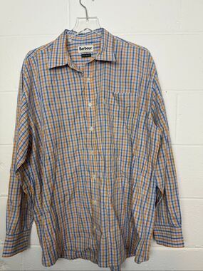 Barbour Corbridge Men's XL Blue Orange Plaid Cotton Long Sleeve Button Down Shir